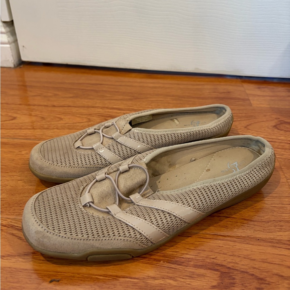 Tan Mesh Loafers with Buckle Detail